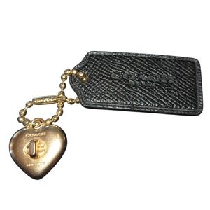 Coach Black Leather Hangtag & Brass Heart Turnlock Bag Charm On Brass Ball Chain